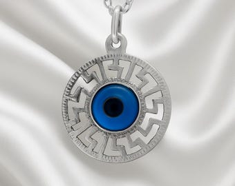 Sterling Silver 925 Blue Evil Eye Necklace | Greek Good Luck Charm Pendant | Yellow Gold