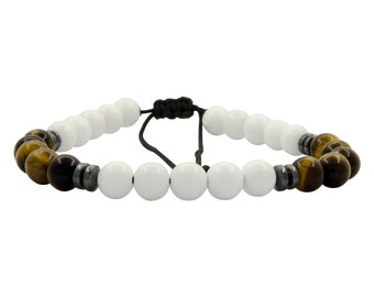 Tiger's Eye & White Onyx Gemstone Unisex Handmade Men Women Bracelet Stress Relieve Beads Greece
