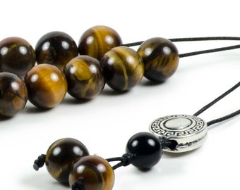 Tiger's Eye Gemstone Greek Worry Beads Komboloi|Prayer Beads|Greek Meander Metal Spacer