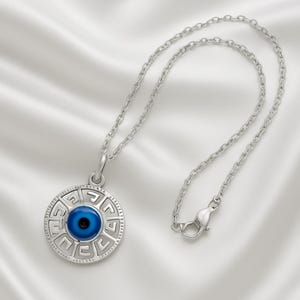Sterling Silver 925 Blue Greek Evil Eye Necklace|Good Luck Charm Pendant