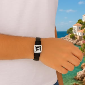 Handmade Black Leather Bracelet: Sterling Silver Greek Meander Symbol