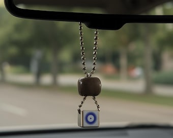 Car Accessories Greek Blue Evil Eye Silver Cube Gray Obsidian Car Rear View Mirror Hangers Auto Travel Charm Car Gift Religious
