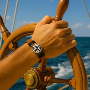 Handmade Brown Leather Bracelet: Sterling Silver Greek Spiral Symbol