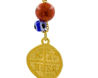 Car Accessories Gold Saints Constantine and Helen Greek Evil Eye Red Coral Car Rear View Mirror Hangers Auto Travel Charm Car Gift Religious
