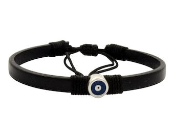 Greek Blue Evil Eye Charm, Unisex Black Leather Bracelet Friendship Bracelet, Gift for Her Gift for Him