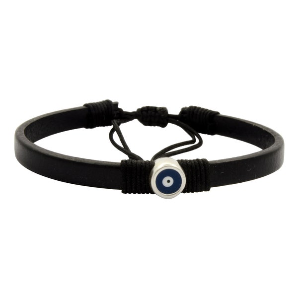 Charm bleu grec mauvais œil, bracelet unisexe en cuir noir, bracelet d'amitié, cadeau pour elle, cadeau pour lui