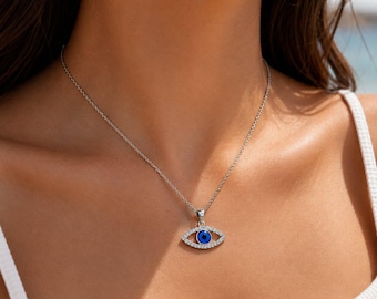Sterling Silver 925 Blue Greek Evil Eye Necklace|Good Luck Charm Pendant