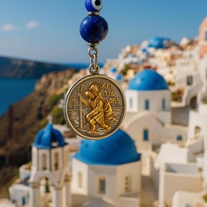 Saint Christopher & Virgin Mary Car Charm: Lapis Lazuli, Greek Evil Eye
