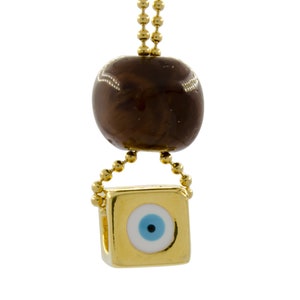 Blue Evil Eye Car Charm: Gold Plated Cube, Brown Obsidian Rear View Mirror Hanger