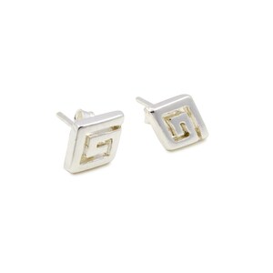 May include: A pair of silver stud earrings with a geometric design. The design is a square with a Greek key pattern inside.