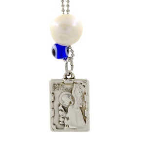 Panis Angelicus Car Charm: Greek Evil Eye, White Pearl Rear View Mirror Hanger