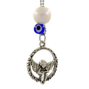 Angel & Pearl Car Rear View Mirror Hanger: Greek Evil Eye Charm
