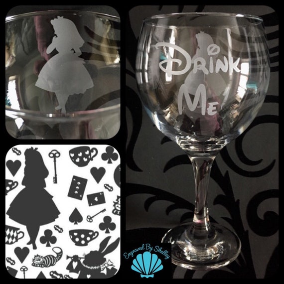 Disney Alice In Wonderland Wine Glass Hand Engraved Gift “Drink Me”