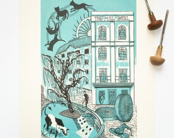 Original Hand Printed Linocut – The Mill