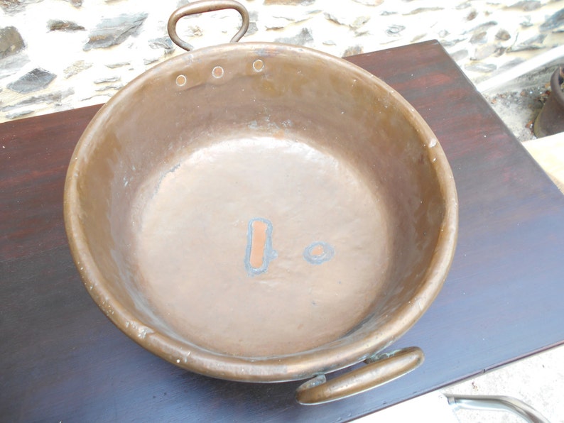 Large Antique French COPPER Jam Pan. Green French COPPER Jam Pan