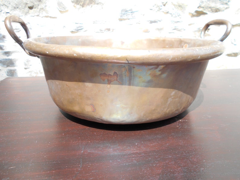 Large Antique French COPPER Jam Pan. Green French COPPER Jam Pan