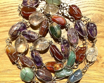 Vintage 1970s Long Variagated Agate Necklace, Bohemian Multicoloured Statement Jewellery