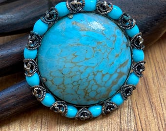 Bijou ancien Broche en argent massif avec cabochon vert Art Déco