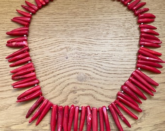 Statement Modernist Genuine Red Coral Necklace, Bib Collar Fringe Chilli Pepper Shape Beads