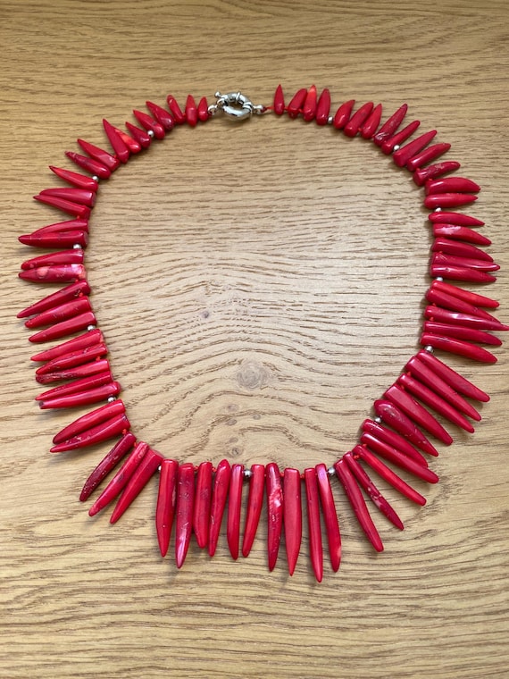 Statement Modernist Genuine Red Coral Necklace, Bib Collar Fringe Chilli Pepper Shape Beads