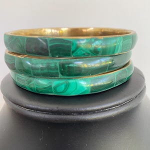 Vintage Set 3 Green Malachite & Brass Bangles Bracelets