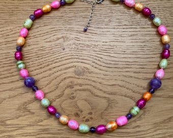 Vintage Dyed Bright Yellow Green Pink Genuine Pearl & Amethyst Necklace, Statement Jewellery, Sterling Silver Clasp