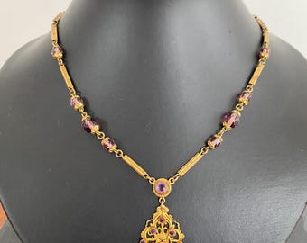 Antyczny ametystowy szklany naszyjnik z mosiądzu filigranowy ozdobny styl edwardiański