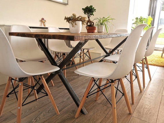 Industrial Cross Leg Raw Steel and Rustic Reclaimed Scaffold Board Dining Table