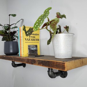 Puede incluir: Una estanter&iacute;a de madera r&uacute;stica con soportes de tuber&iacute;a de metal negro. La estanter&iacute;a est&aacute; decorada con dos plantas en macetas, una pila de libros y un sujetalibros. Los libros se titulan "The Millionaire Next Door" y "The Millionaire From Nazareth".