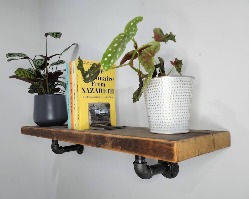 Puede incluir: Una estanter&iacute;a de madera r&uacute;stica con soportes de tuber&iacute;a de metal negro. La estanter&iacute;a est&aacute; decorada con dos plantas en macetas, una pila de libros y un sujetalibros. Los libros se titulan "The Millionaire Next Door" y "The Millionaire From Nazareth".