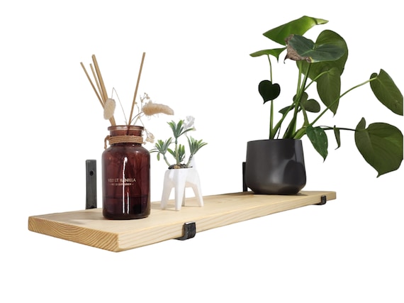 Industrial Rustic Wall Shelf – Slim Pine & Metal J Brackets – Handmade Shelving – Living Room Decor – UK Made – Free Delivery