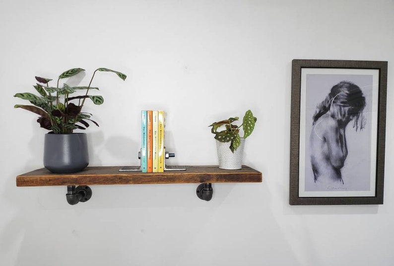 Puede incluir: Una estanter&iacute;a de madera con soportes de tuber&iacute;a met&aacute;lica negra, que sostiene dos plantas en maceta, un conjunto de libros coloridos y un dibujo enmarcado en blanco y negro de una mujer.