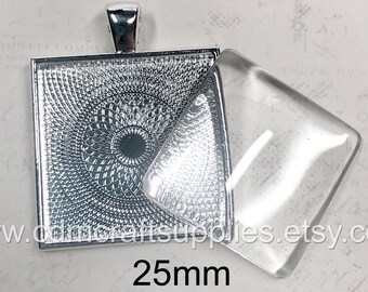 DIY Photo Pendant Kits, Square Bezel Trays with Glass Cabochon Domed Insert, 25mm (1 inch), Shiny Silver Plated - Choose quantity