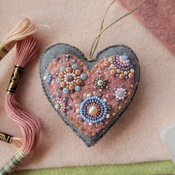 Pink & grey heart ornaments.Beautiful handmade heart.Heart ornament embroidered with freshwater pearls and various beads. One of a kind gift