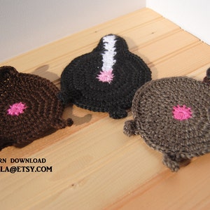 Mug Rug Pattern PDF to crochet, Bear Raccoon and Skunk