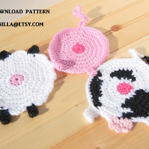 Mug Rug Pattern PDF to crochet, Cow Pig and Sheep