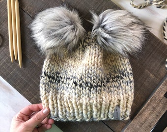 Double Fur Pom Pom Hat x Chunky Wool Hand Knit Beanie  x Snug Fit x The Spirit Bear