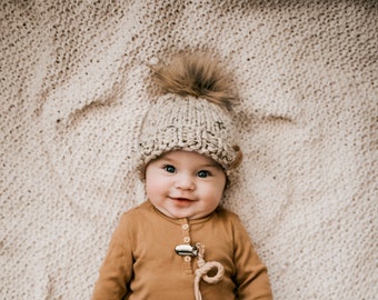 Fold Over Baby Fur Pom Pom Hat  x Chunky Wool Handknit Beanie x Slouchy Winter Toque