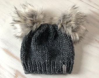 Double Fur Pom Pom Hat x Chunky Hand Knit Beanie x The Spirit Bear