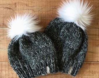 Mommy and Me Fur Pom Pom Hats  x Newborn Baby - Adult Sizing x Matching Slouchy Beanies x Chunky Wool Fall Fashion Photo Shoot