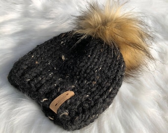 Knitted Fur Pom Pom Hat  x Chunky Hand Knit Beanie x Detatchable Snap Pom Pom x Cozy Winter Fashion x Black Knitted Toque x The Aspen Beanie