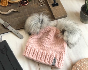 Merino Double Fur Pom Pom Hat ≫ Chunky Luxury Peruvian Wool Hand Knit Beanie // The Luxe Spirit Bear // All Natural Fiber