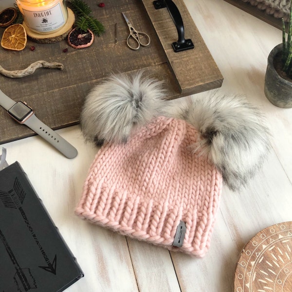 Merino Double Fur Pom Pom Hat ≫ Chunky Luxury Peruvian Wool Hand Knit Beanie // The Luxe Spirit Bear // All Natural Fiber