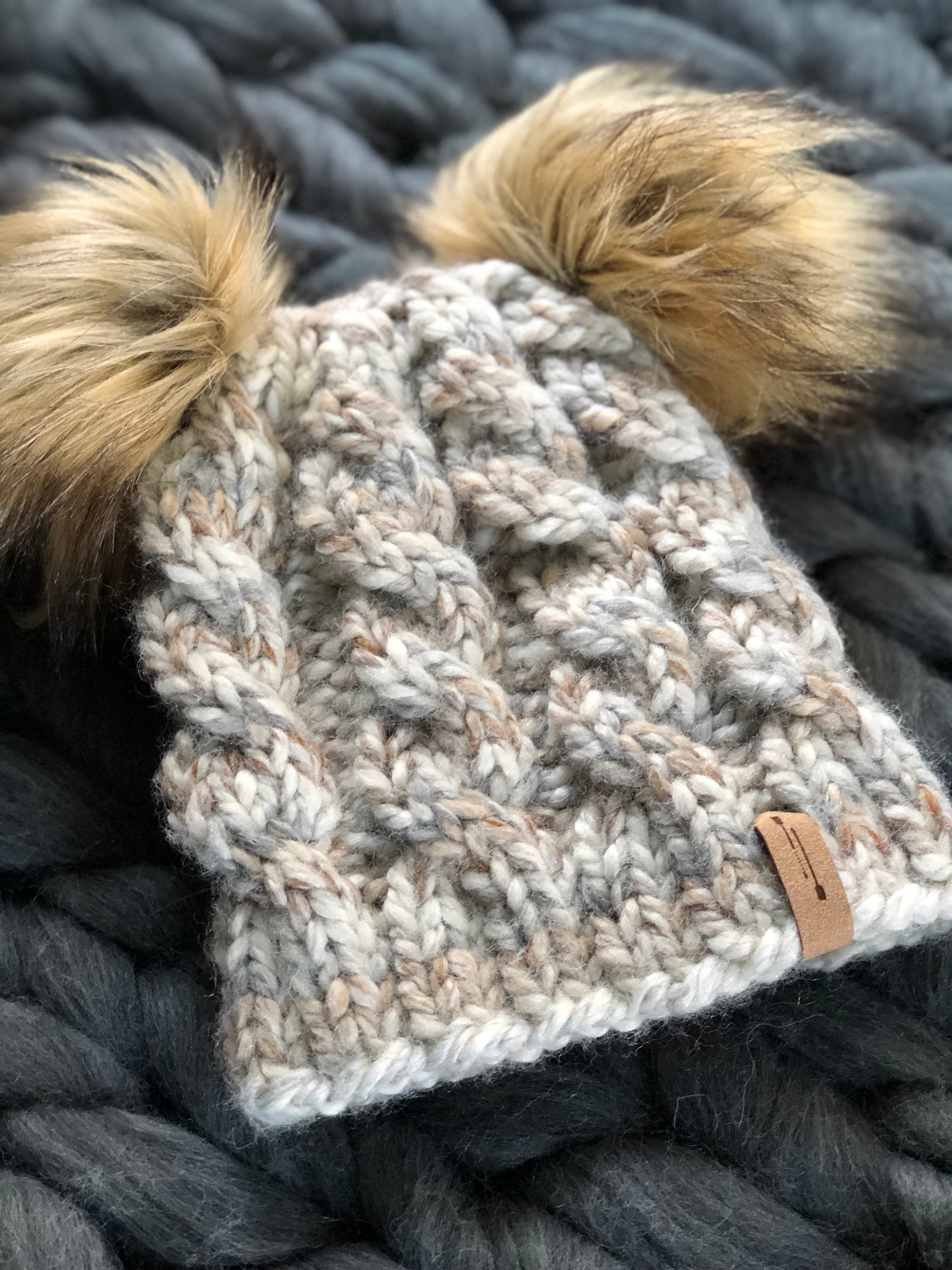 Double Pom Pom Hat With Inner Cap Cute Alpaca Wool Beanie Chunky