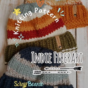 May include: Several hand-knitted beanies in shades of orange, blue, and green. Each beanie features a leather tag. The text "Knitting Pattern" and "Indie Fiberart" is visible on the image.
