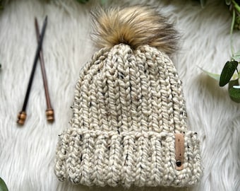 Fold Over Crew Pom Pom Beanie x Thick Ribbed Chunky Winter Hand Knit Hat + Handmade Faux Fur Pom Pom x Cozy Wool Toque x The Snow Day Beanie