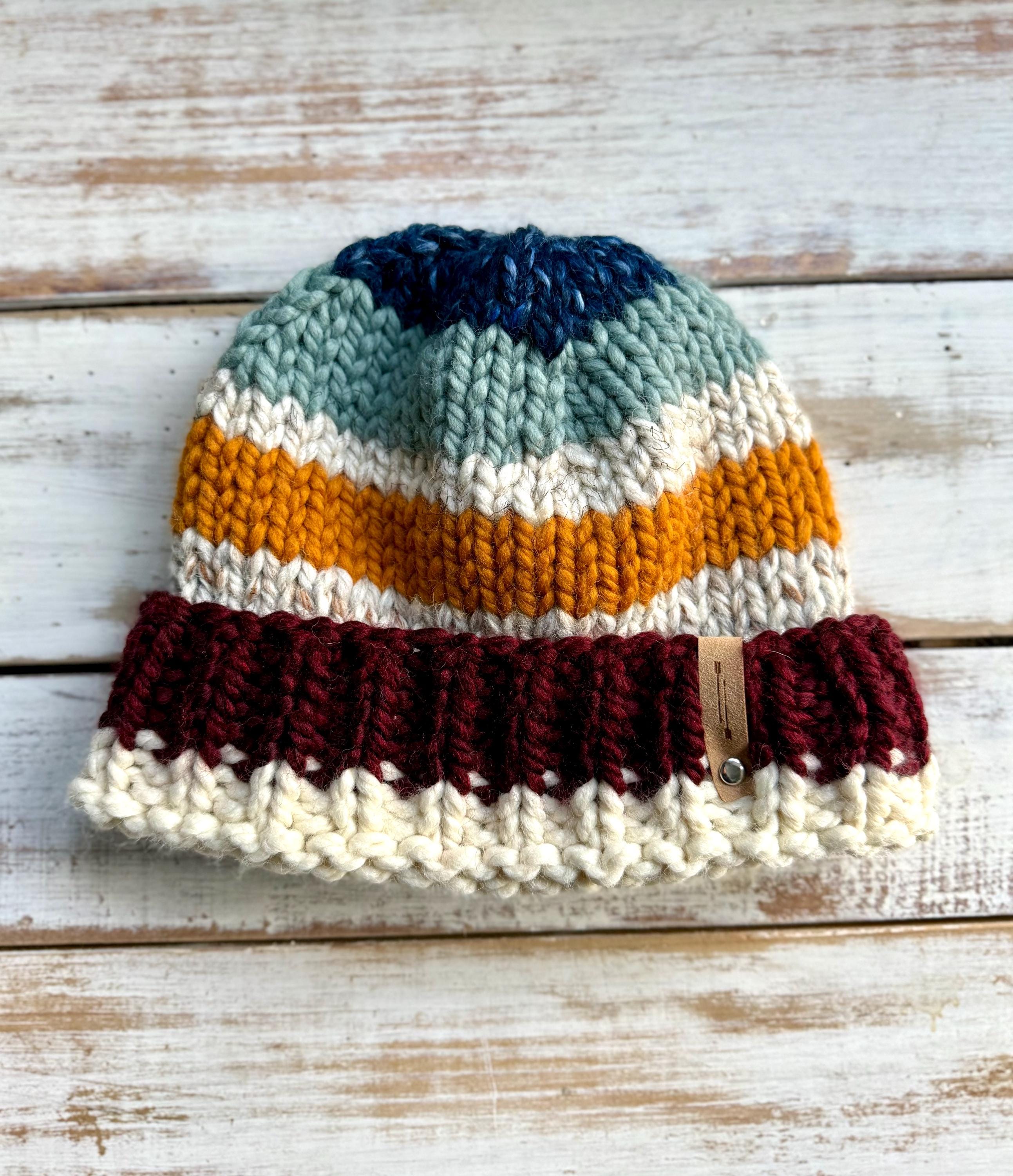 Hand Knit Chunky Wool Striped Beanie: Custom Color  display picture 2