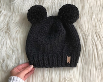 Double Pom Pom Knit Hat x Newborn - Adult Sizes  x Cozy Snug Fit x Chunky Wool Yarn Hand Knit Toque x The Bear Cub Beanie