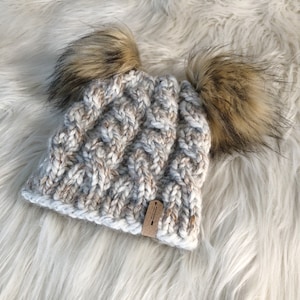 Chunky Cable Knit Beanie with Vegan Fur Pom Poms