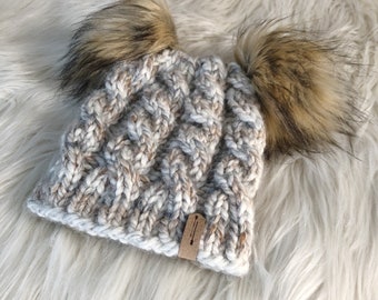 Double Fur Pom Pom Hat x Chunky Cable Knit x Cozy Wool Toque x Winter Accessories x The Montessori Beanie